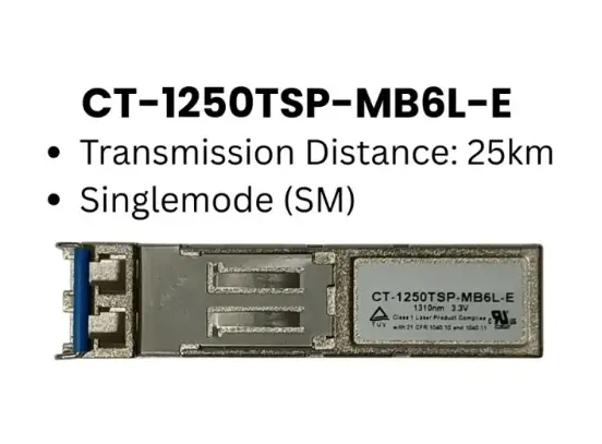 SFP TRANSCEIVER, CORETEK | CT-1250TSP-MB6L-E  DUPLEX LC CONNECTOR, 1310NM FP LD FOR SINGLE MOD E FI BER, GIGABIT ETHERNET AT 1.25 GBPS, 25 KM